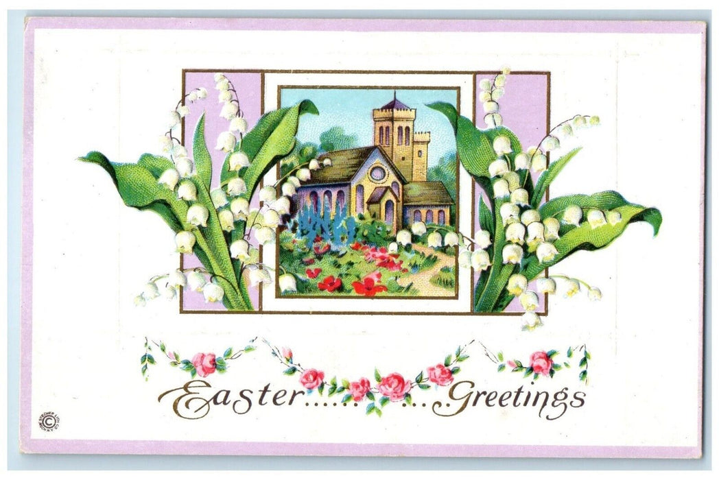 c1910's Easter Greetings Flowers Church Embossed Lunenburg NS Canada Postcard