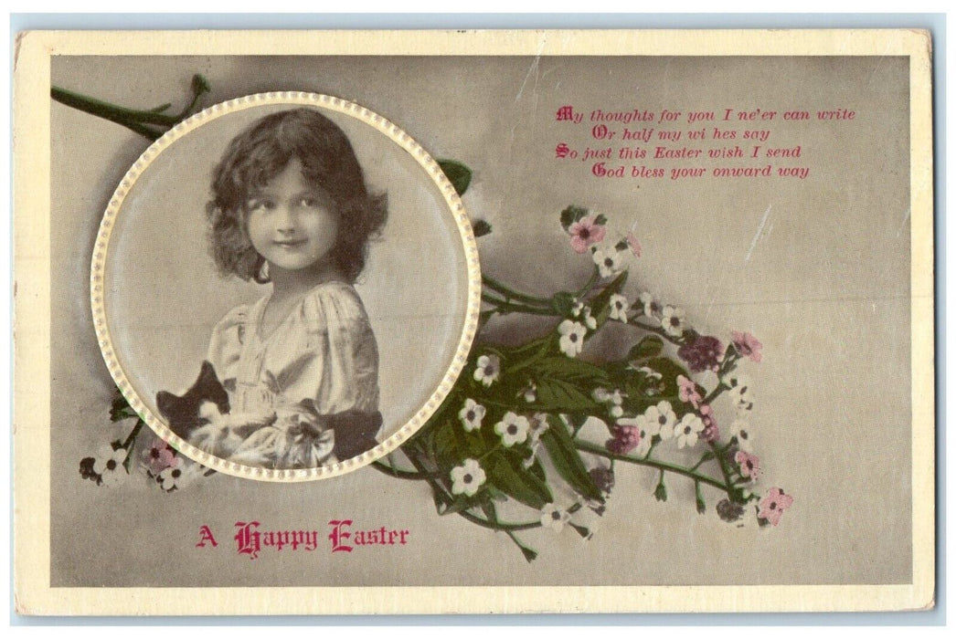 c1910's Easter Pretty Girl With Cat Flowers Shubenacadie NS Canada Postcard