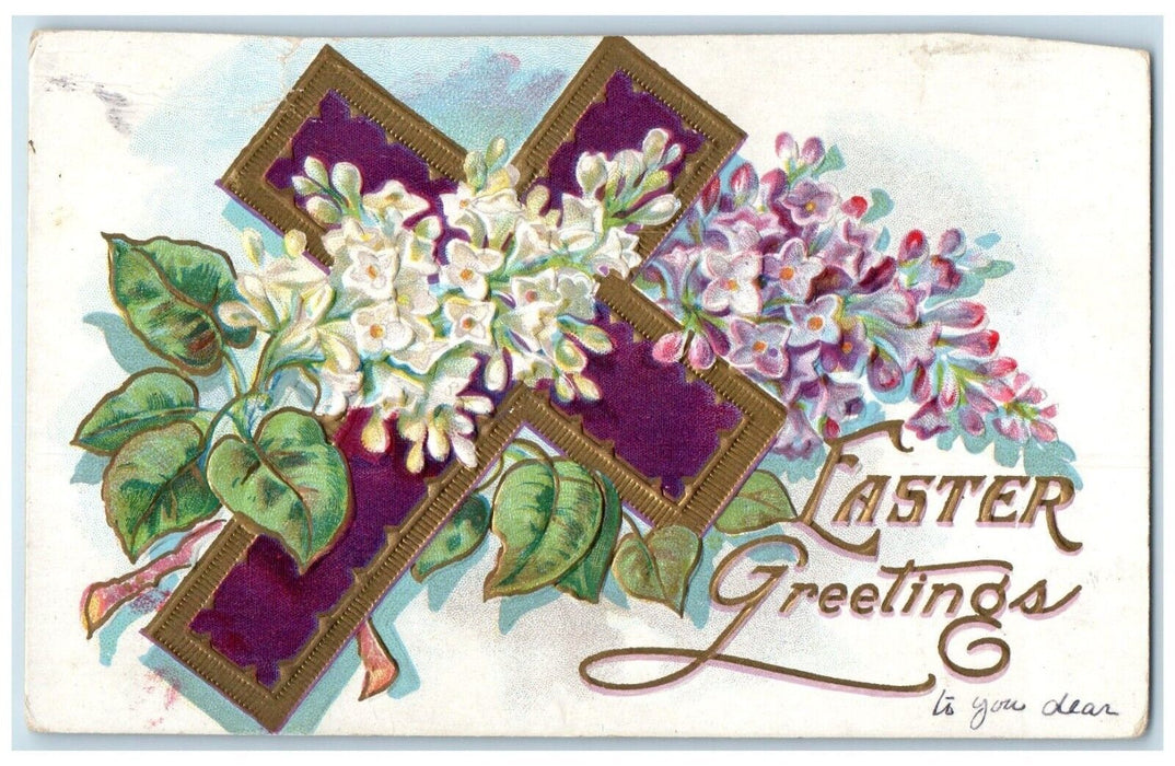 c1910s Easter Greetings Holy Cross Flowers Embossed Enfield Hants Co NS Postcard