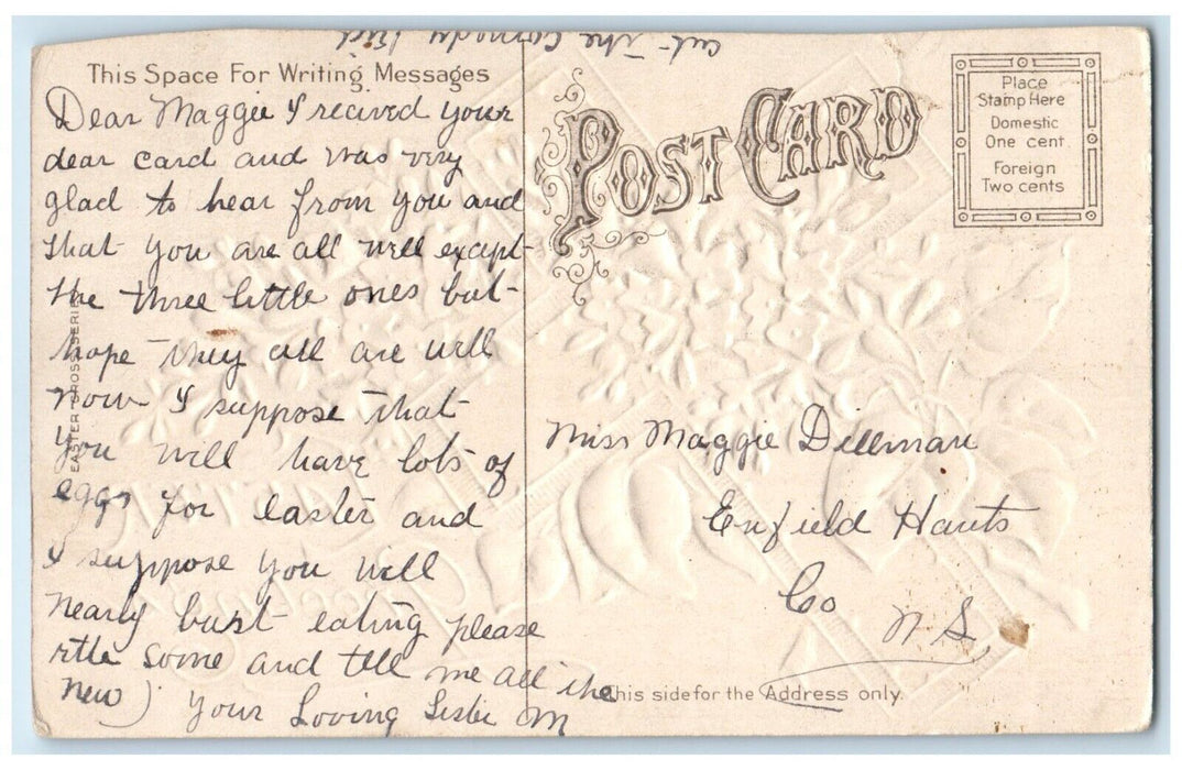 c1910s Easter Greetings Holy Cross Flowers Embossed Enfield Hants Co NS Postcard