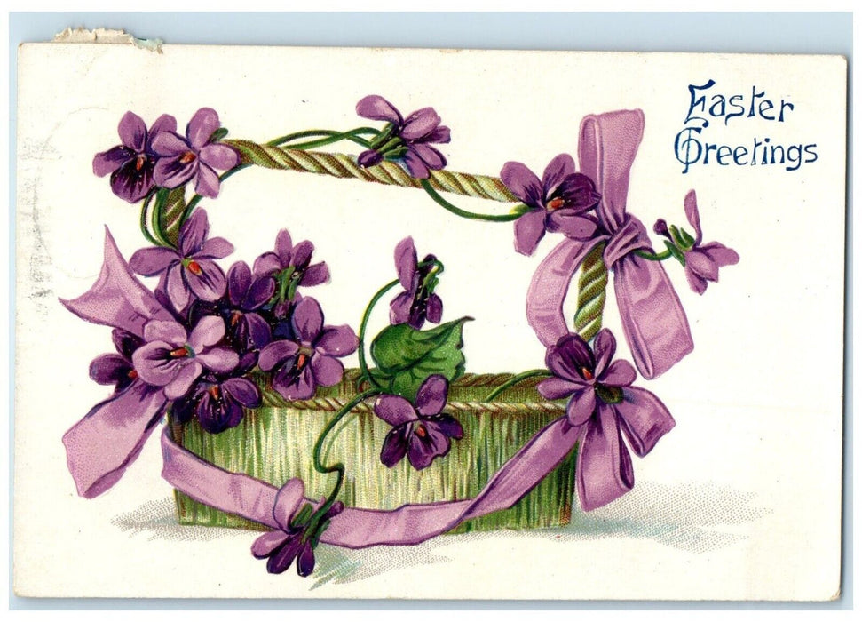1910 Easter Greetings Purple Flowers In Basket Lunenburg NS Canada Postcard