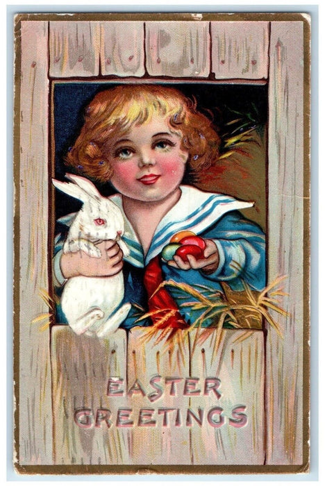 1909 Easter Greetings Little Girl Bunny Rabbit Eggs Embossed NY Antique Postcard