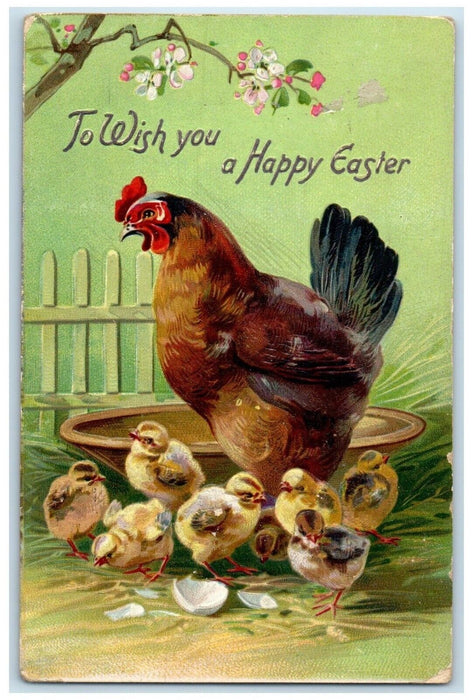 1908 Easter Chicken Hen Chicks Hatched Egg Flowers Tuck's Augusta ME Postcard