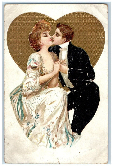 1910 Valentine Couple Kissing Romance Heart Embossed Essex Iowa IA Postcard