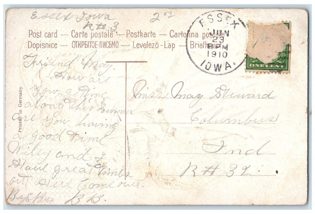 1910 Valentine Couple Kissing Romance Heart Embossed Essex Iowa IA Postcard