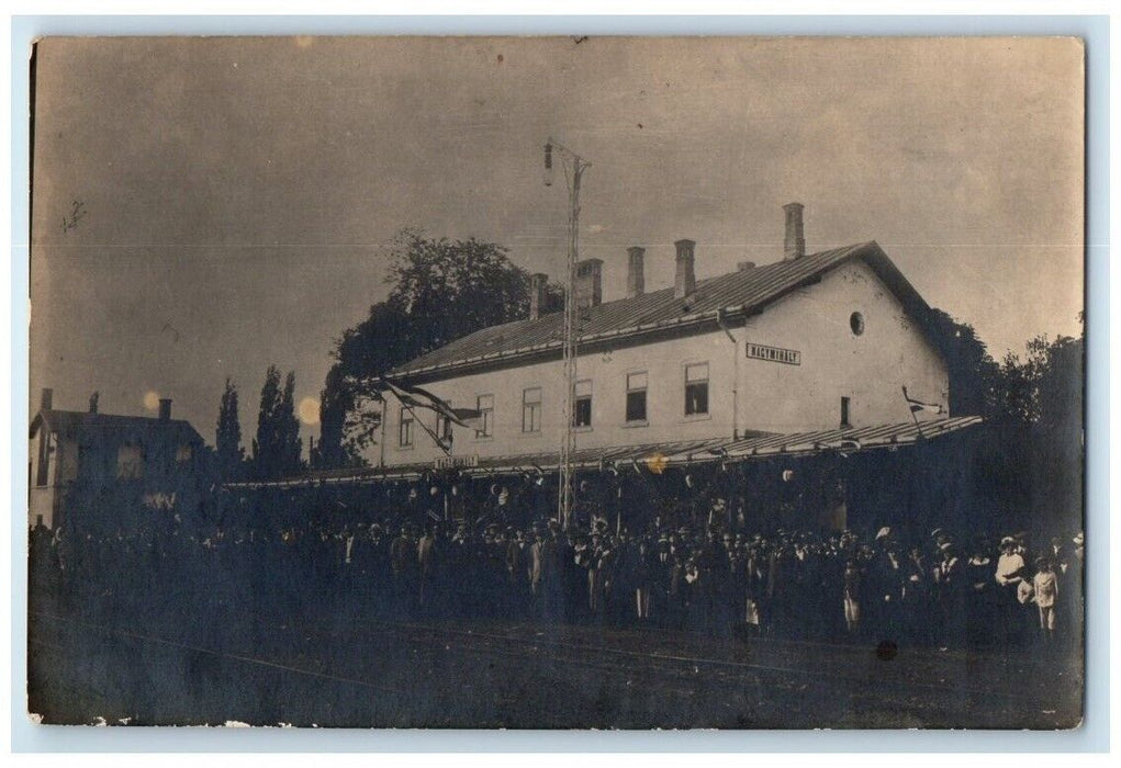 1909 Railroad Train Station Depot View Nagymihaly Slovakia RPPC Photo Postcard