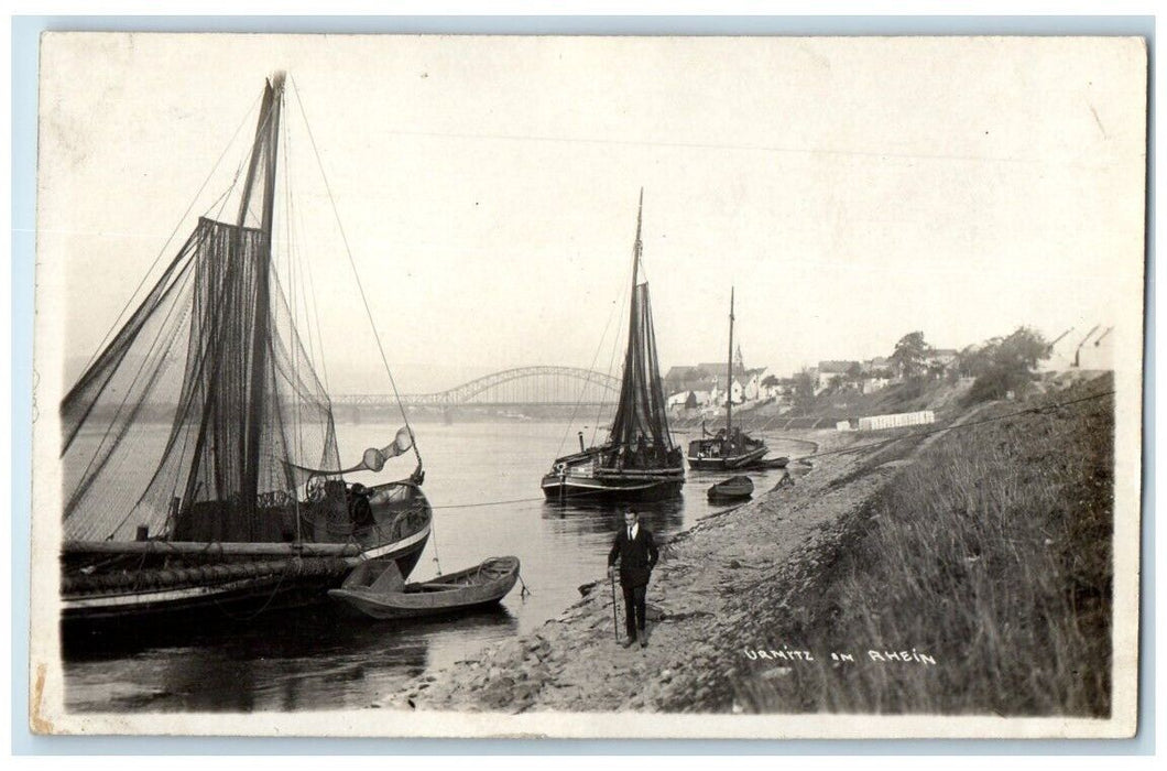 c1920's Fishing Boats Rhine River Bridge Urmitz Germany RPPC Photo Postcard