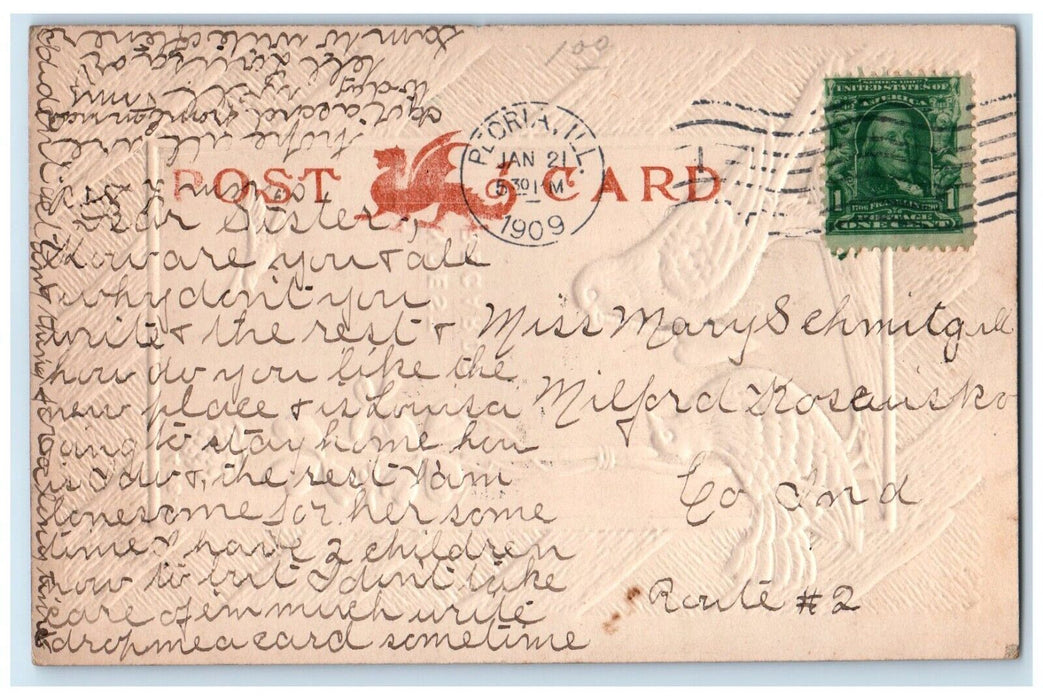1909 Kindest Regards Dove Heart Flowers Airbrushed Embossed Peoria IL Postcard