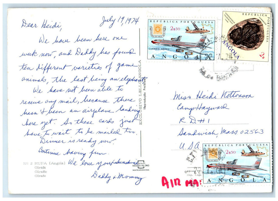 1974 Giraffe Animal at Mupa Angola Posted Vintage Air Mail Postcard