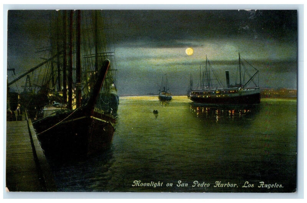 c1910's Moonlight On San Pedro Harbor Los Angeles California CA Antique Postcard