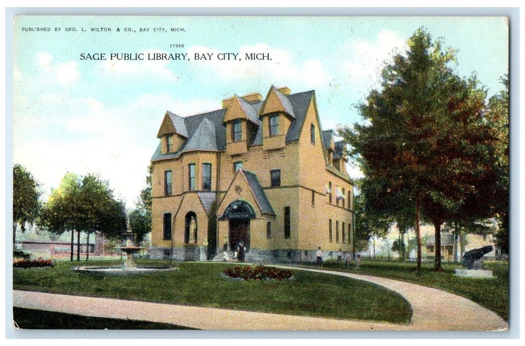 1911 Sage Public Library Building Bay City Michigan MI Posted Antique Postcard