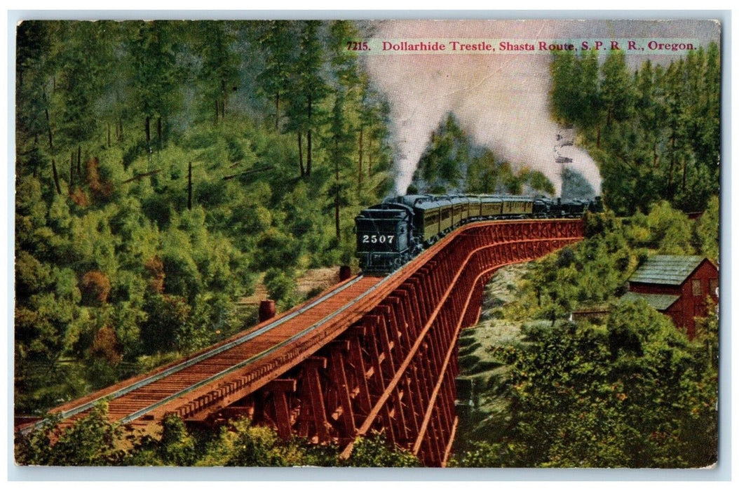 1915 Dollarhide Trestle Shasta Route SPRR Railroad Train Oregon OR Postcard