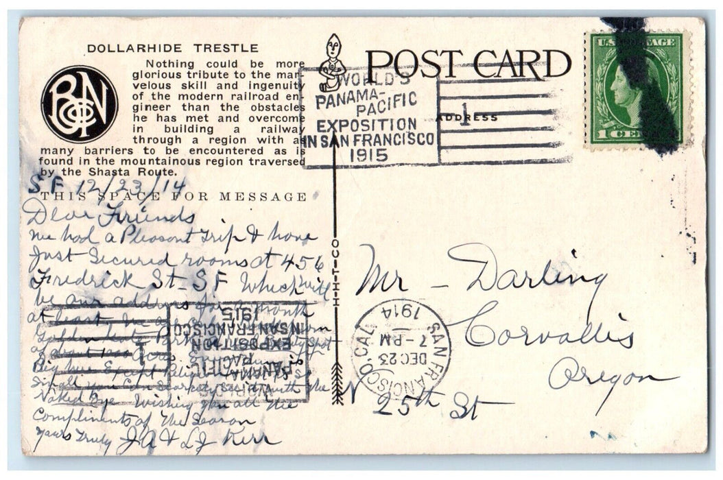 1915 Dollarhide Trestle Shasta Route SPRR Railroad Train Oregon OR Postcard