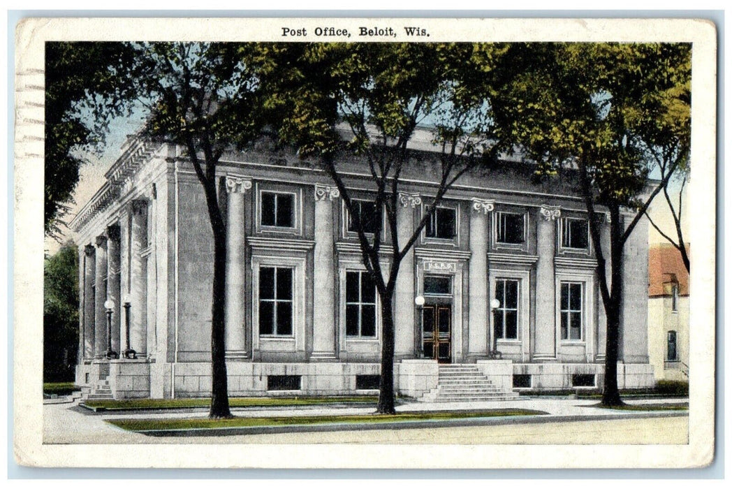 1919 Post Office Building Scene Street Beloit Wisconsin WI Antique Postcard