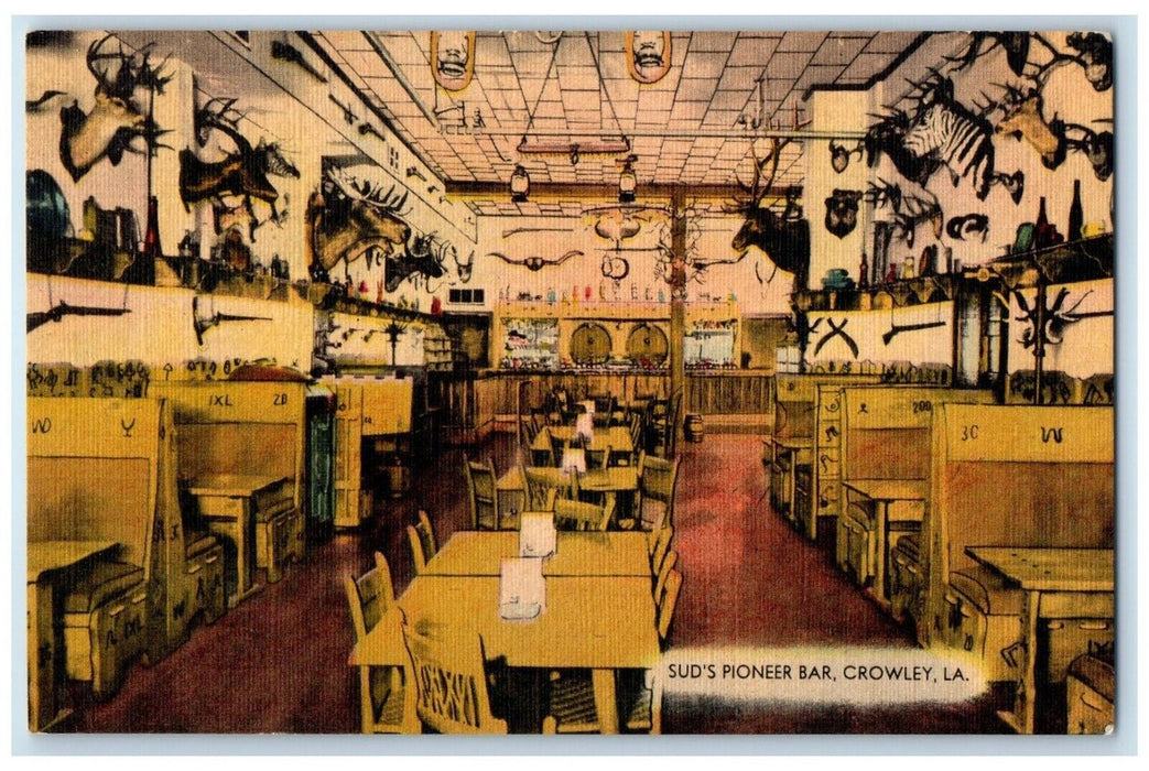 c1940 Sud's Pioneer Bar Interior Bar Room Restaurant Crowley Louisiana Postcard