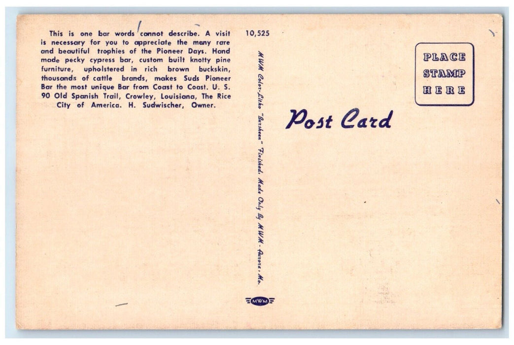 c1940 Sud's Pioneer Bar Interior Bar Room Restaurant Crowley Louisiana Postcard