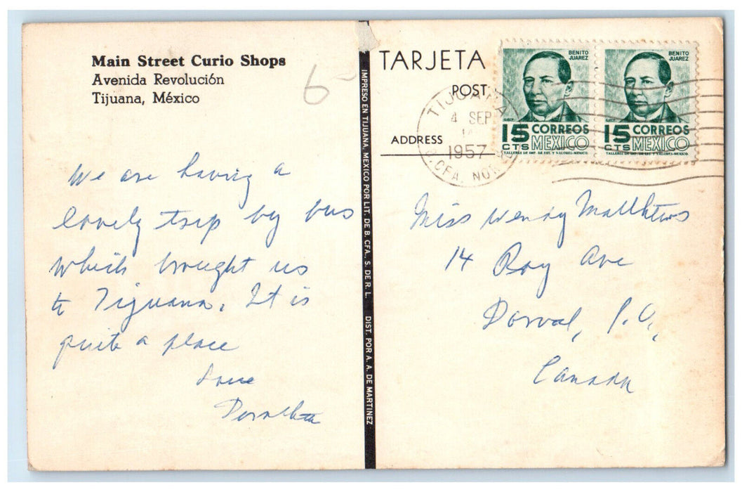 1957 Main Street Curio Shops Revolution Avenue Tijuana Mexico Postcard