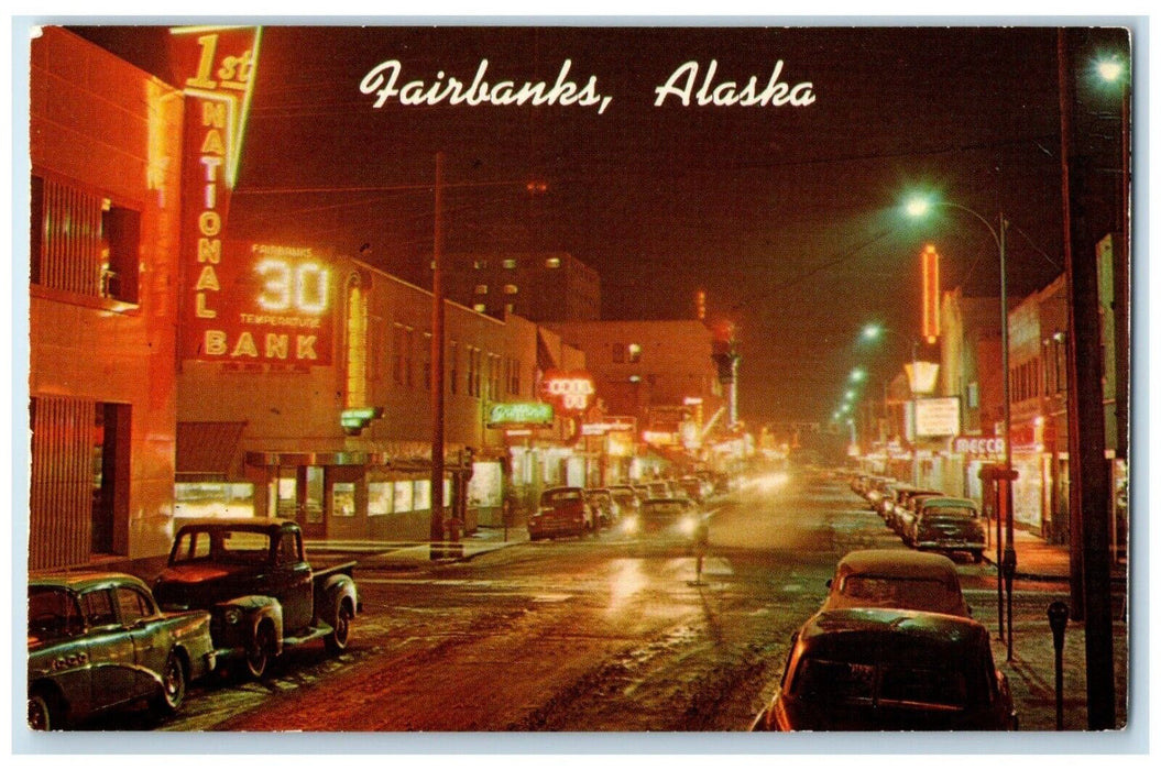 1960 Night Scene Classic Cars Second Avenue Fairbanks Alaska AK Vintage Postcard