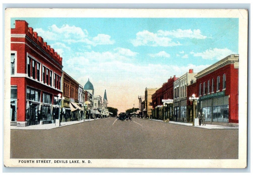 1928 Fourth Street View Cars Devils Lake North Dakota ND Vintage Postcard