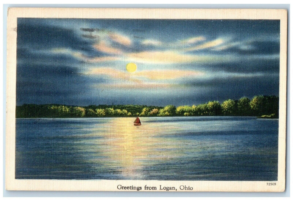 1948 Greeting From Logan Ohio OH, Moonlight Boat Scene Posted Vintage Postcard