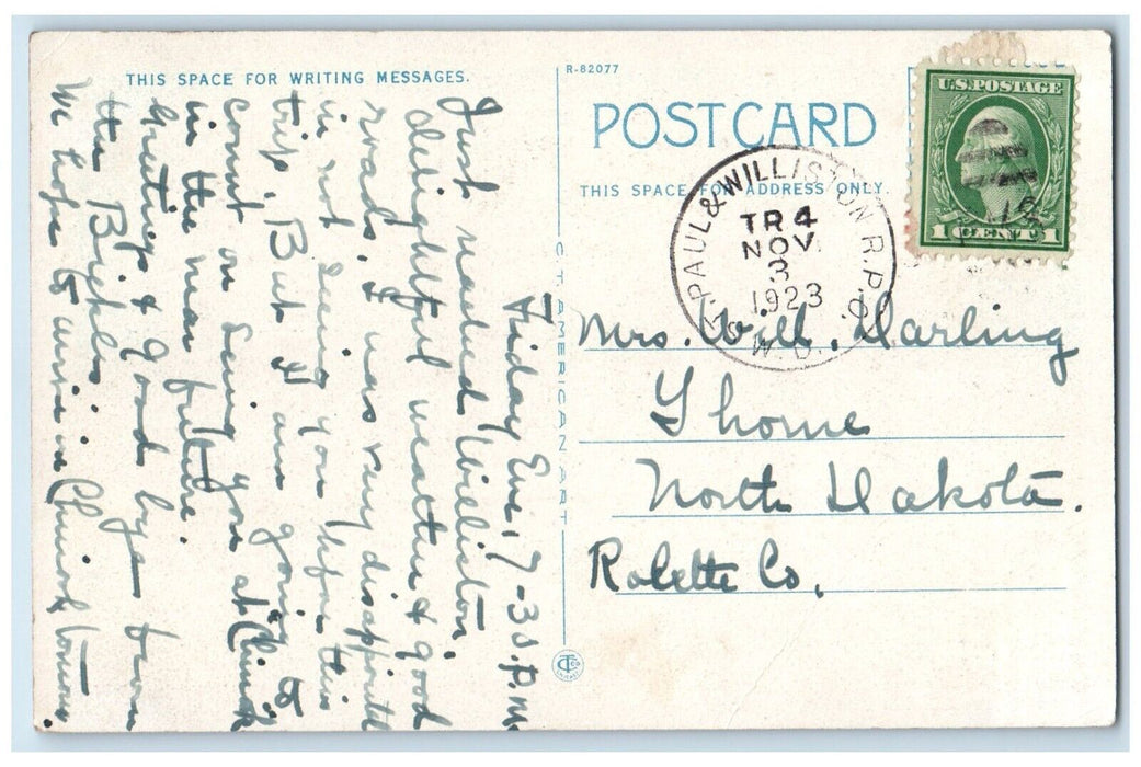 1923 Post Office Building Scene Street Minot North Dakota ND Vintage Postcard