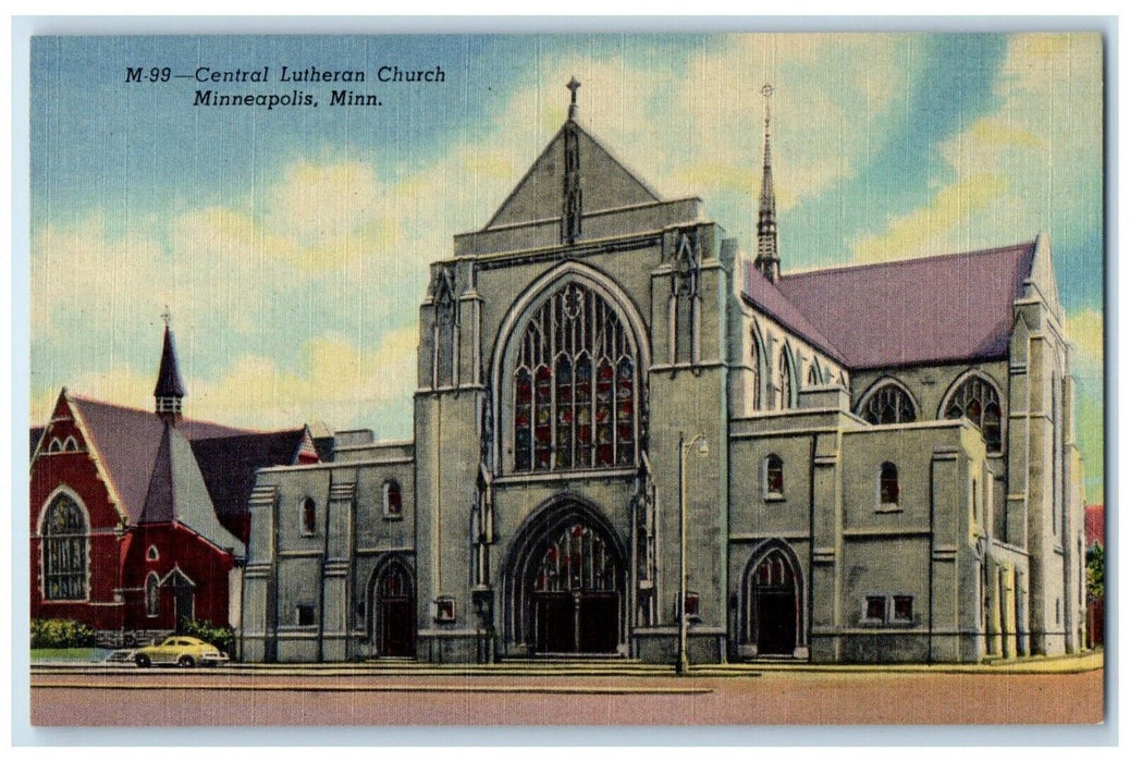 Central Lutheran Church Car Scene Street Minneapolis Minnesota MN Postcard