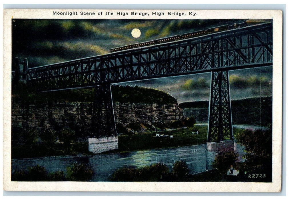 1920 Moonlight  Scene High Bridge Lake River Train Bridge High Kentucky Postcard