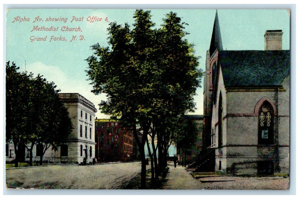 1913 Alpha Ave Post Office Methodist Church Grand Forks North Dakota ND Postcard