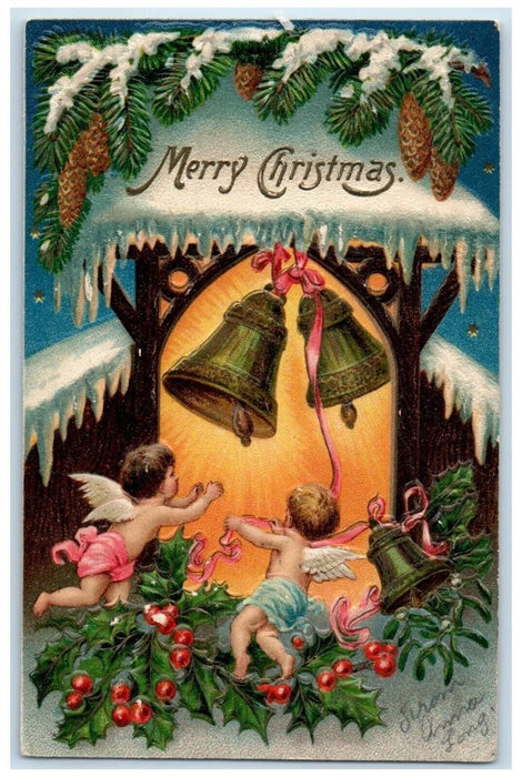 c1910's Christmas Angels Ringing Bells Pine Cone Holly Berries Embossed Postcard