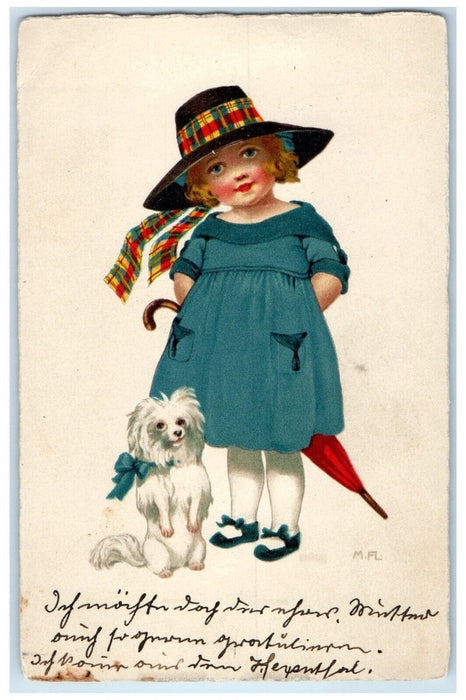 c1910's Little Girl Big Hat Plaided Maltese Dog Unposted Antique Postcard