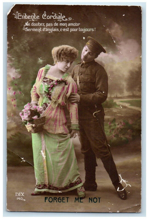 1915 Couple Romance French Soldier Mail Forget Me Not RPPC Photo Posted Postcard