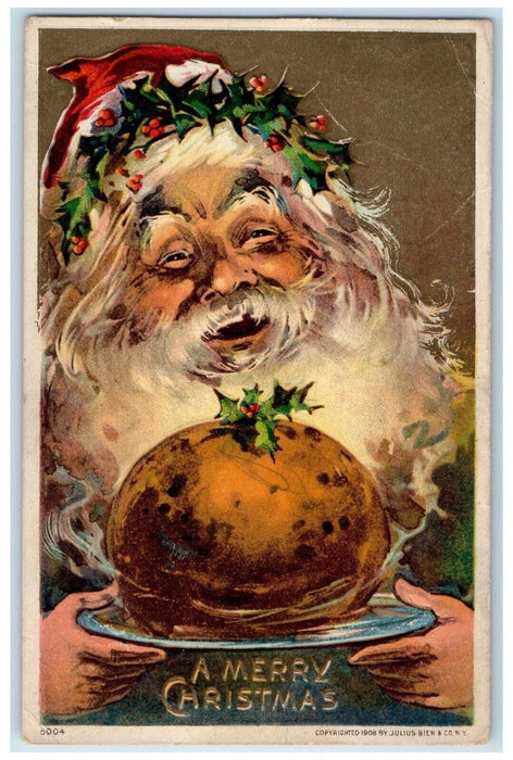 c1910's Christmas Santa Claus Mutton Pie Holly Berries Embossed Antique Postcard