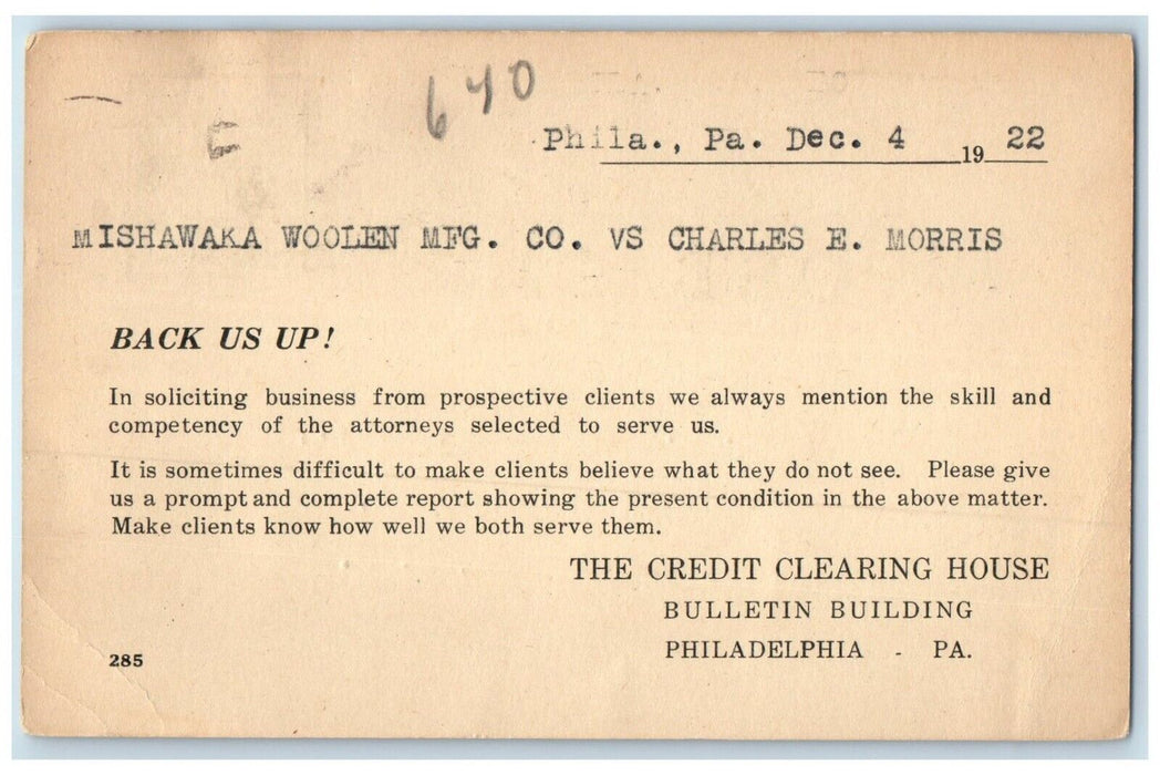 1922 Mishawaka Woolen MFG. Co. Philadelphia Pennsylvania PA Vintage Postcard