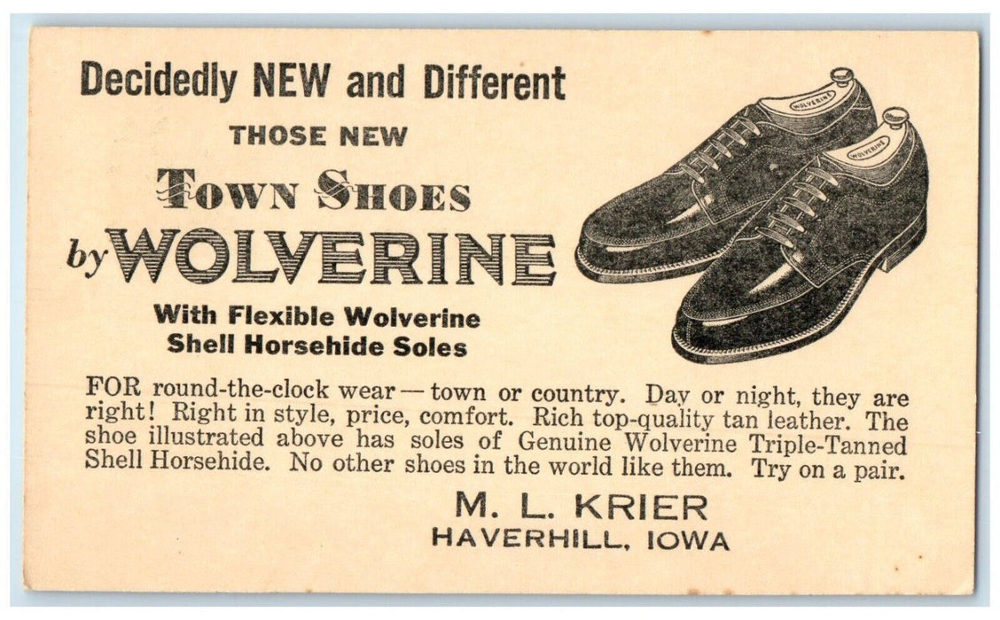 c1905 ML Krier Haverhill Iowa IA, Town Shoes Wolverine Oxford Shoes Postcard