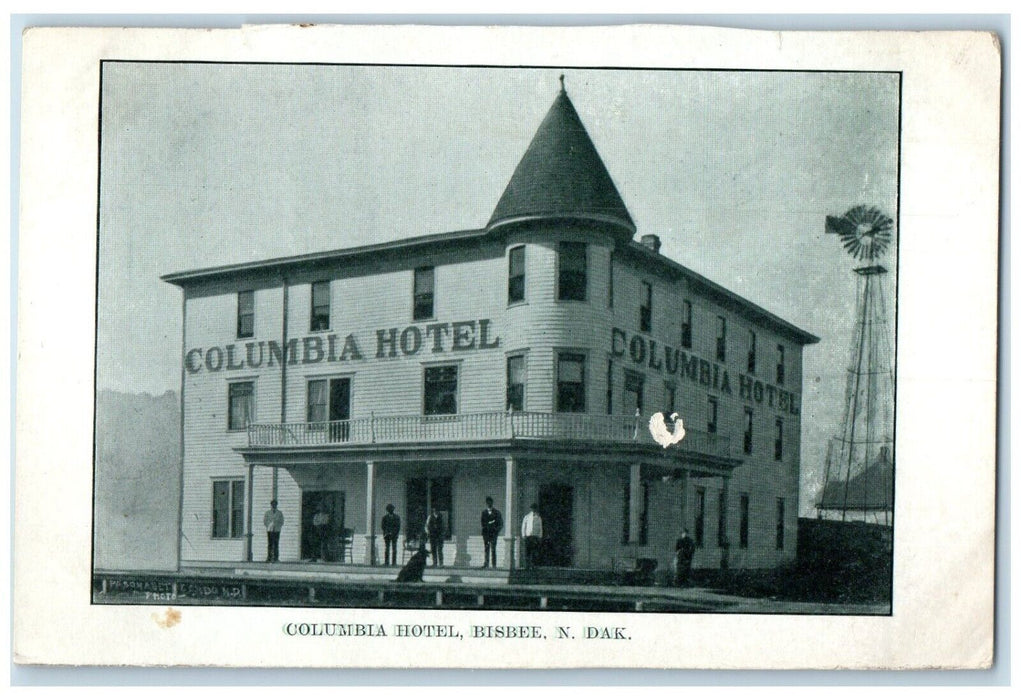 1909 Exterior View Columbia Hotel Building Bisbee North Dakota Vintage Postcard