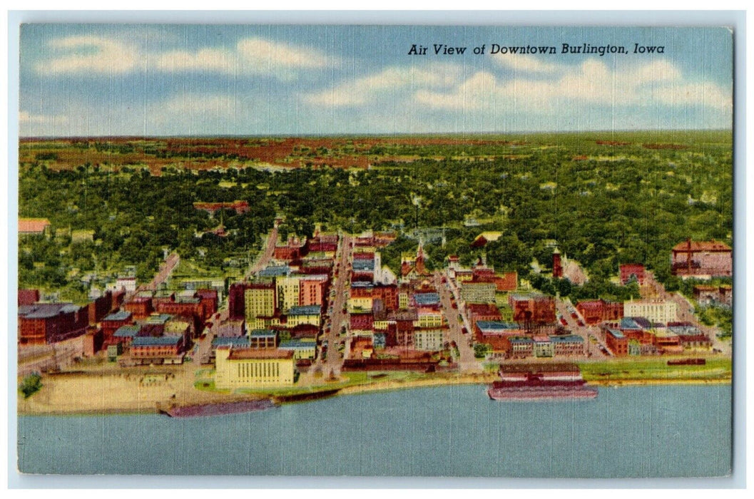 c1940 Air View Downtown Municipal Docks Burlington Iowa Vintage Antique Postcard