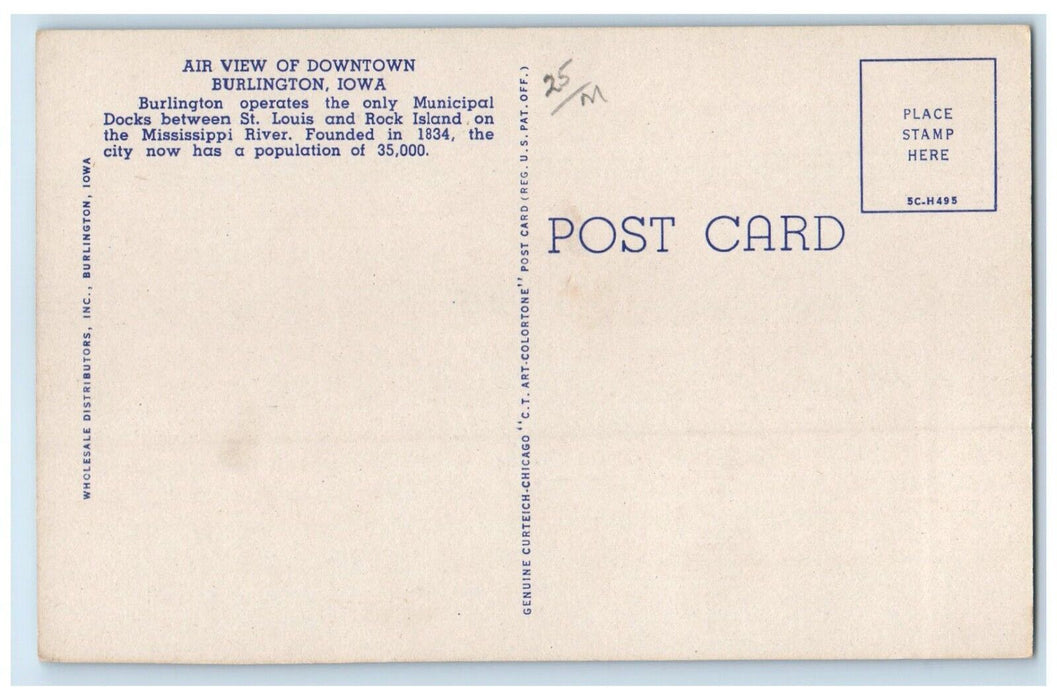 c1940 Air View Downtown Municipal Docks Burlington Iowa Vintage Antique Postcard