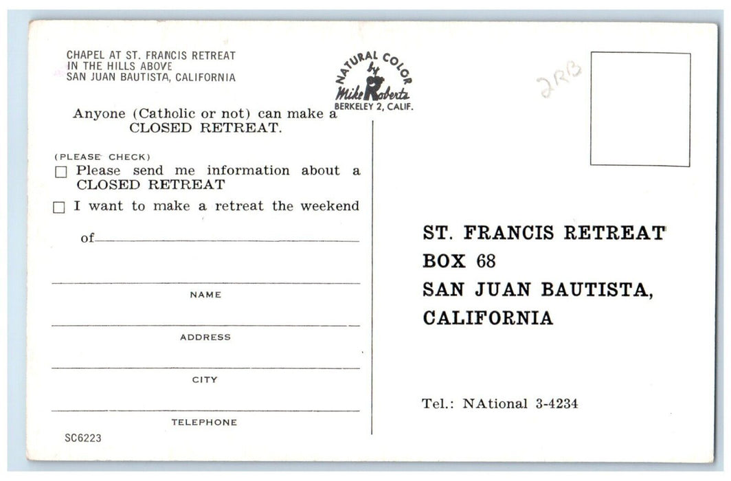 c1960 Chapel St. Francis Retreat Hills San Juan Bautista California CA Postcard