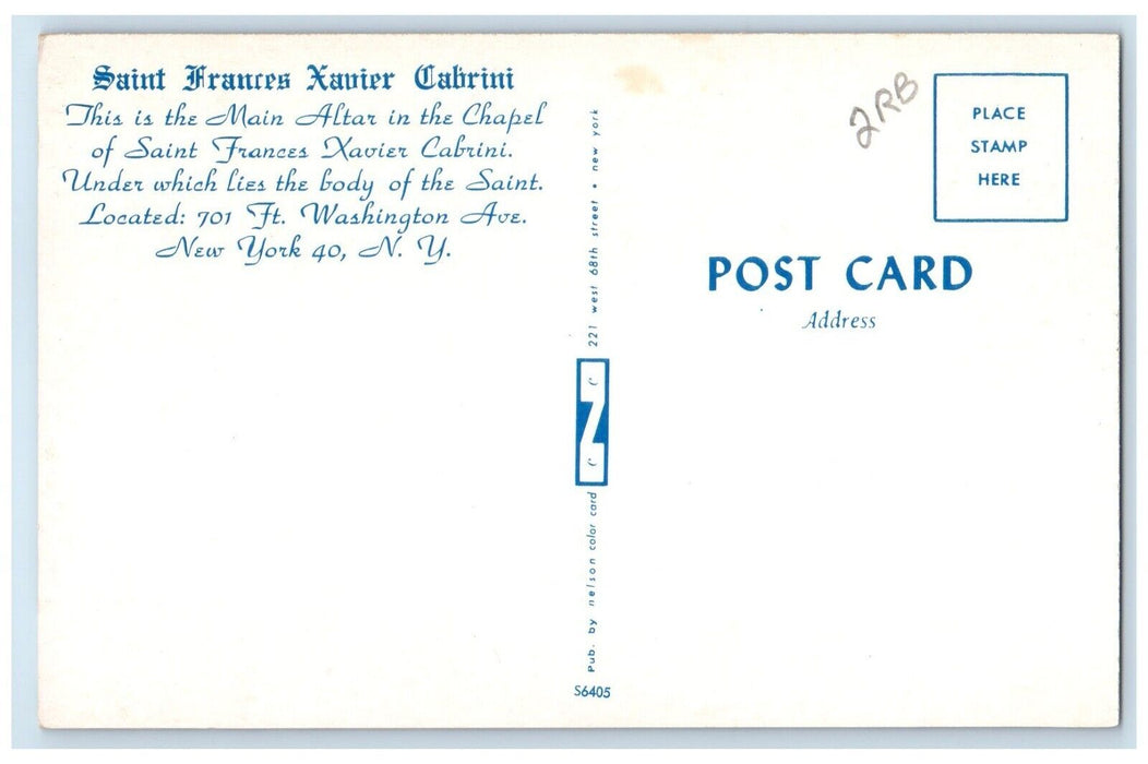 c1960 Saint Frances Xavier Cabrini Altar Chapel Washington Ave New York Postcard