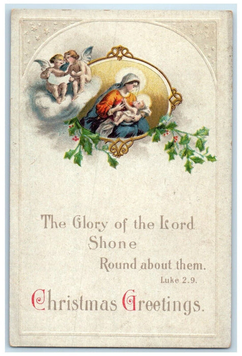 1916 Christmas Greetings Angels Religious Holly Berries Clapsaddle Postcard