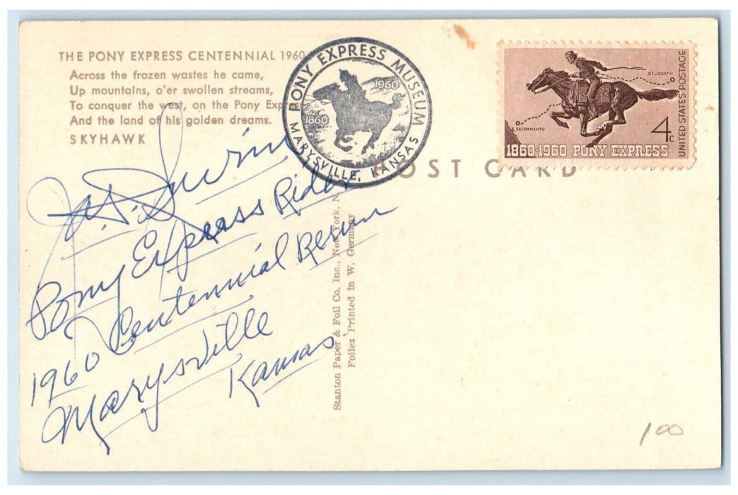 c1960 Pony Express Centennial Skyhawk Marysville Kansas Vintage Antique Postcard