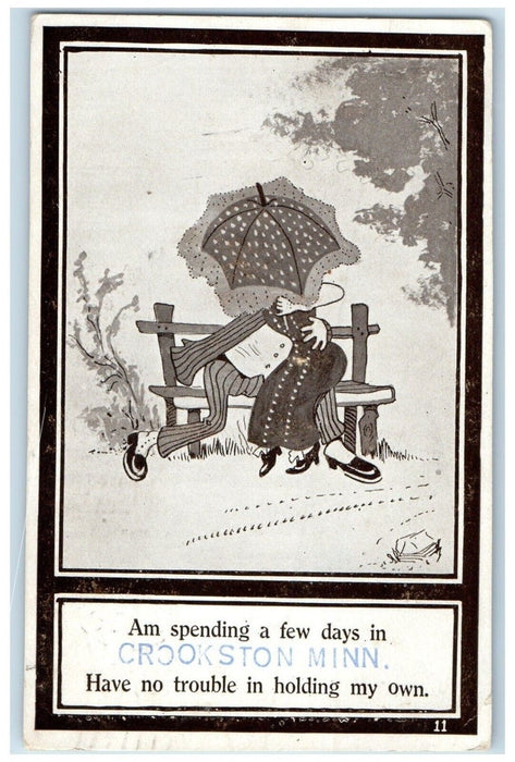 1910 Am Spending Few Days Crookston Minnesota Umbrella Bench MN Vintage Postcard