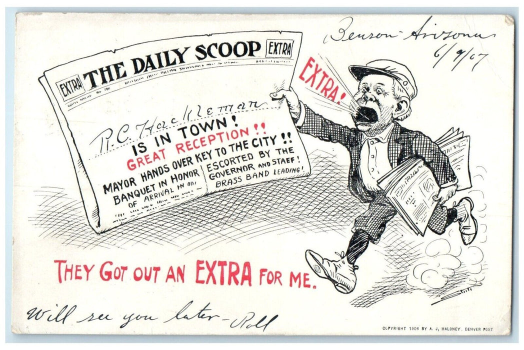 1907 Extra The Daily Scoop Newspaper Boy Los Angeles California CA Postcard