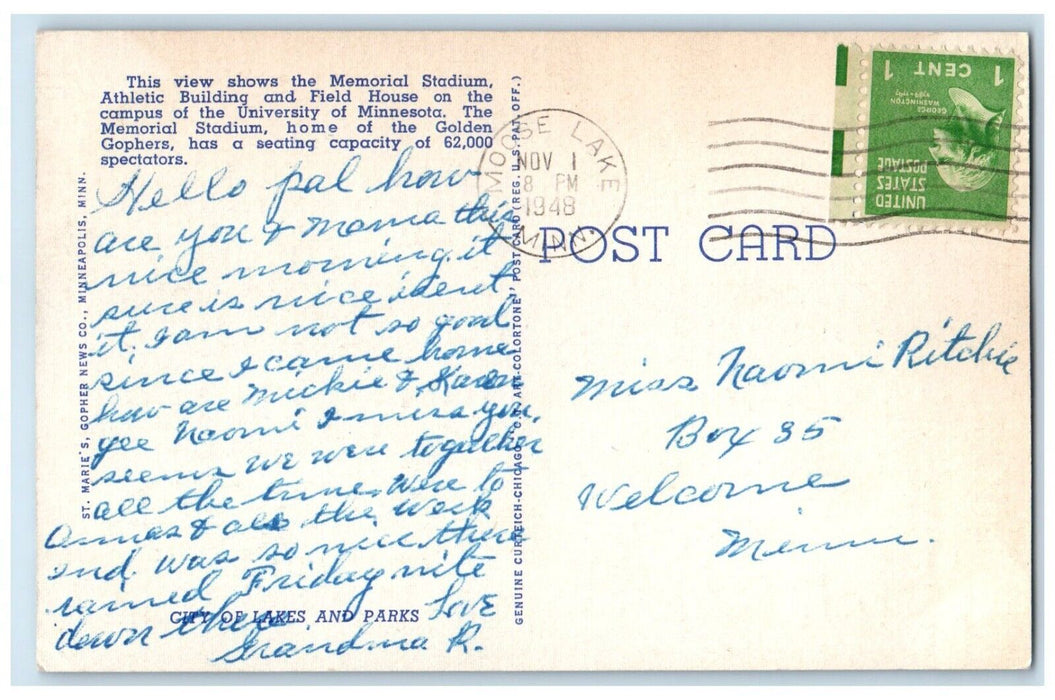 1948 Memorial Stadium University Minnesota Minneapolis Minnesota Posted Postcard