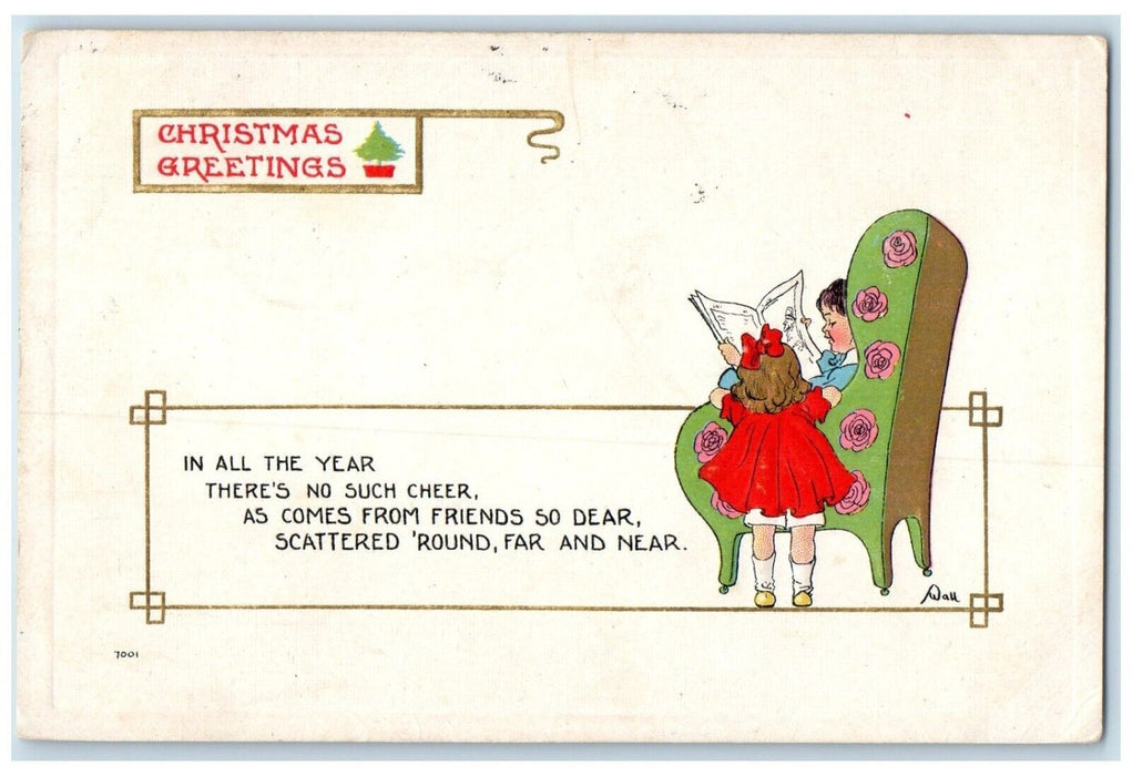 1913 Christmas Greetings Children Newspaper Embossed Geneva NY Wall Postcard