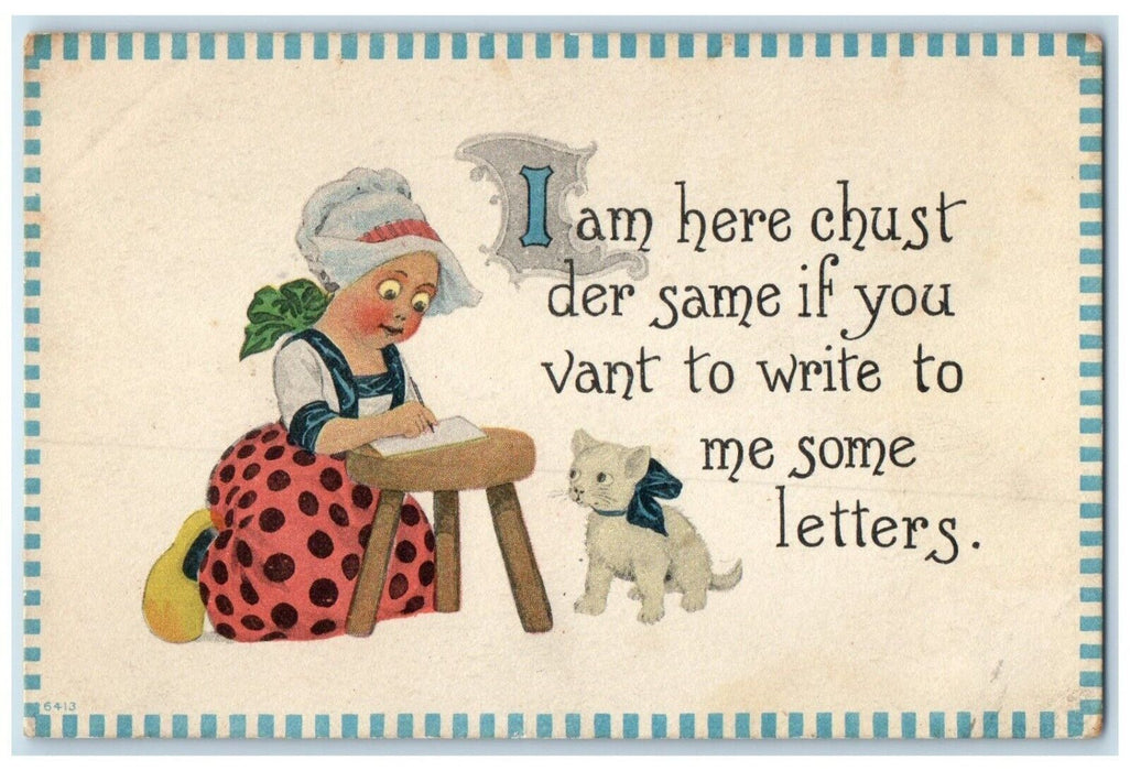1915 Dutch Girl Writing Cute Cat Kitten Strathcona Minnesota MN Antique Postcard