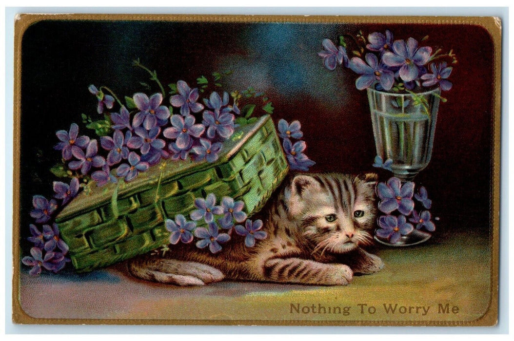 c1910's Cute Cat Flowers Basket Nothing To Worry Me Embossed Antique Postcard