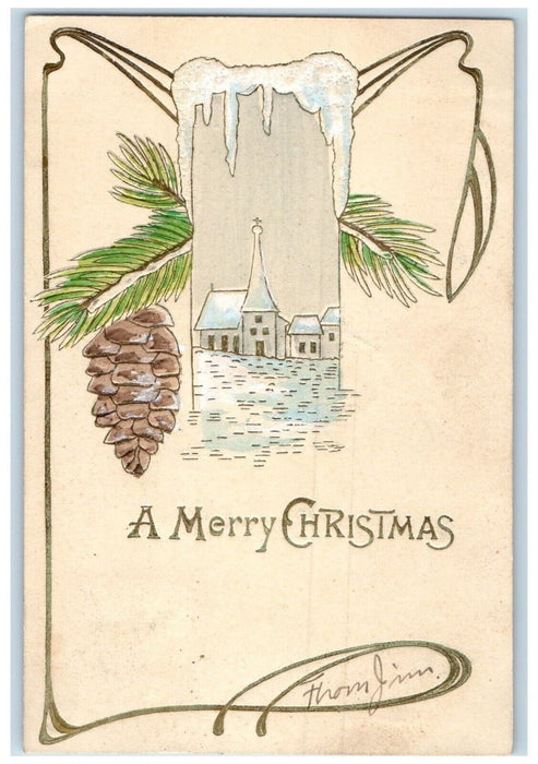 1905 Christmas House Church Winter Pine Cone Embossed Long Island NY Postcard