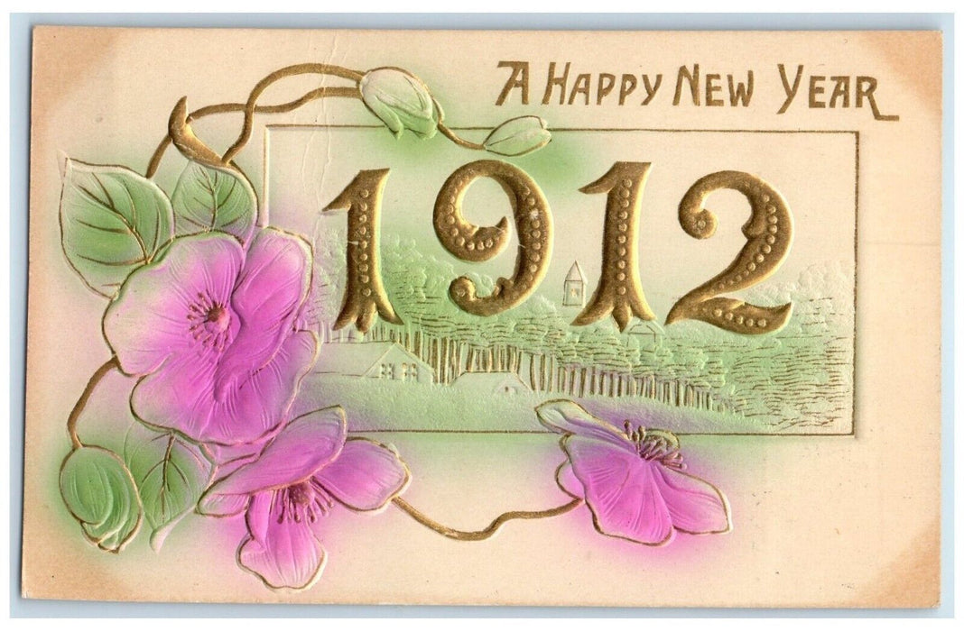 1912 New Year Flowers Large Letters Airbrushed Embossed Charleston MD Postcard