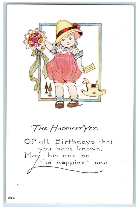 c1910's Birthday Girl With Flowers Bouquet Horse Toy Unposted Antique Postcard